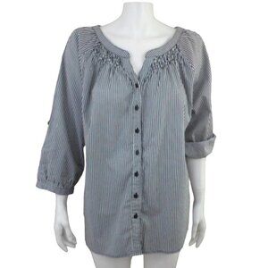 Harve Benard Black White Stripe Cotton Blouse Button Up Roll Tab Sleeve